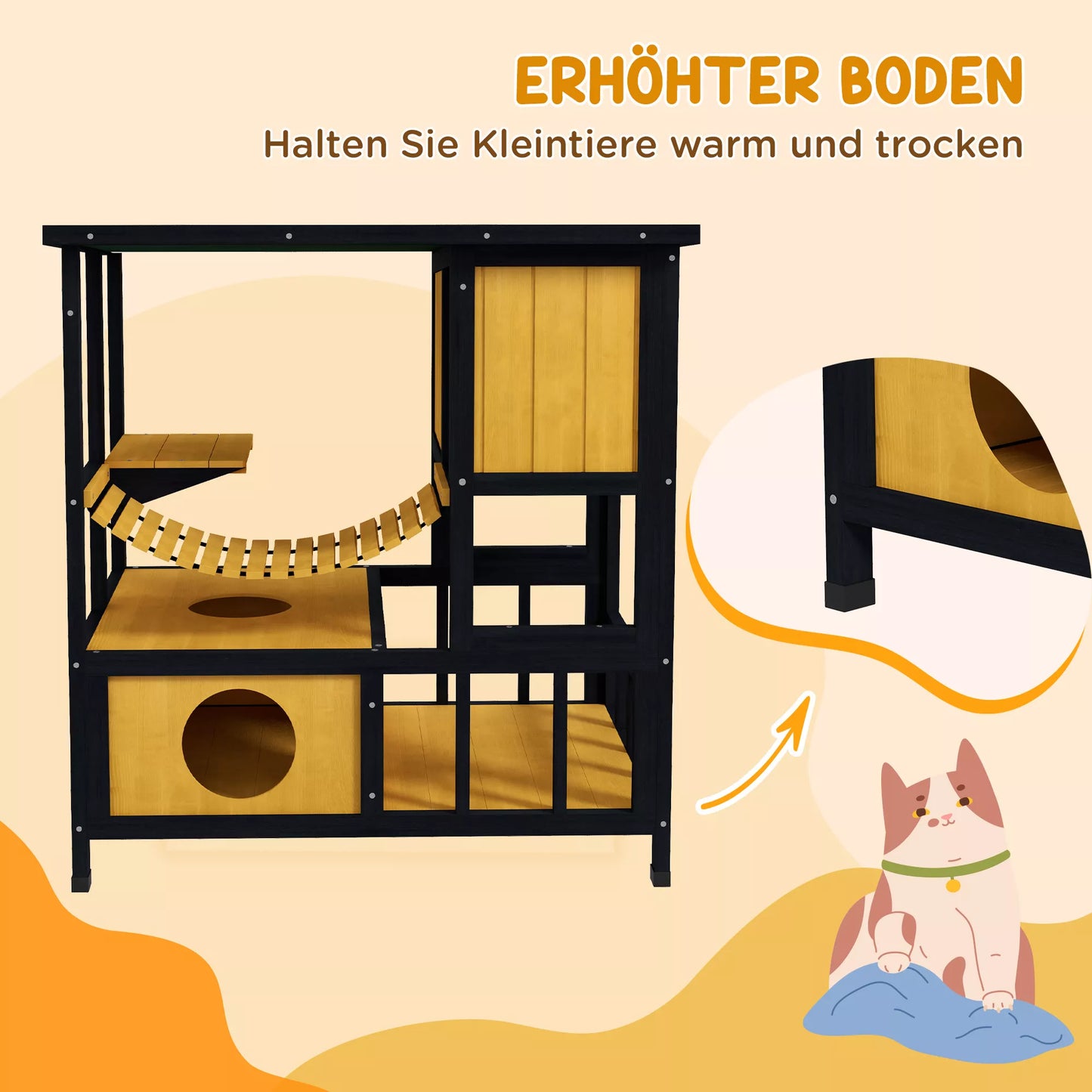 Katės namelis, katės guolis, katės ola, atsparus oro sąlygoms, 1 rampa, 1 platforma, 84,5 x 60 x 88 cm, žalia + natūrali