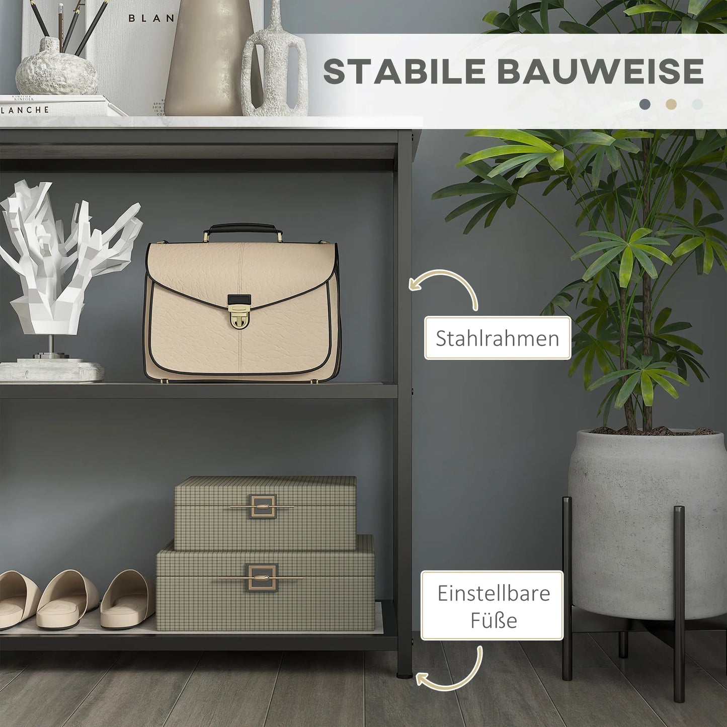 Pramoninio dizaino konsolė, 2 lentynos, marmuro imitacija, juoda + balta