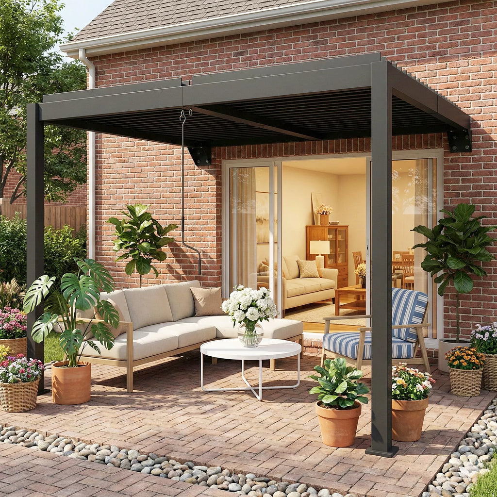 Pergola, apie 3x3 m, aliuminio terasos stogas su reguliuojamu lamelių stogu, montuojamas prie sienos, tamsiai pilkos spalvos