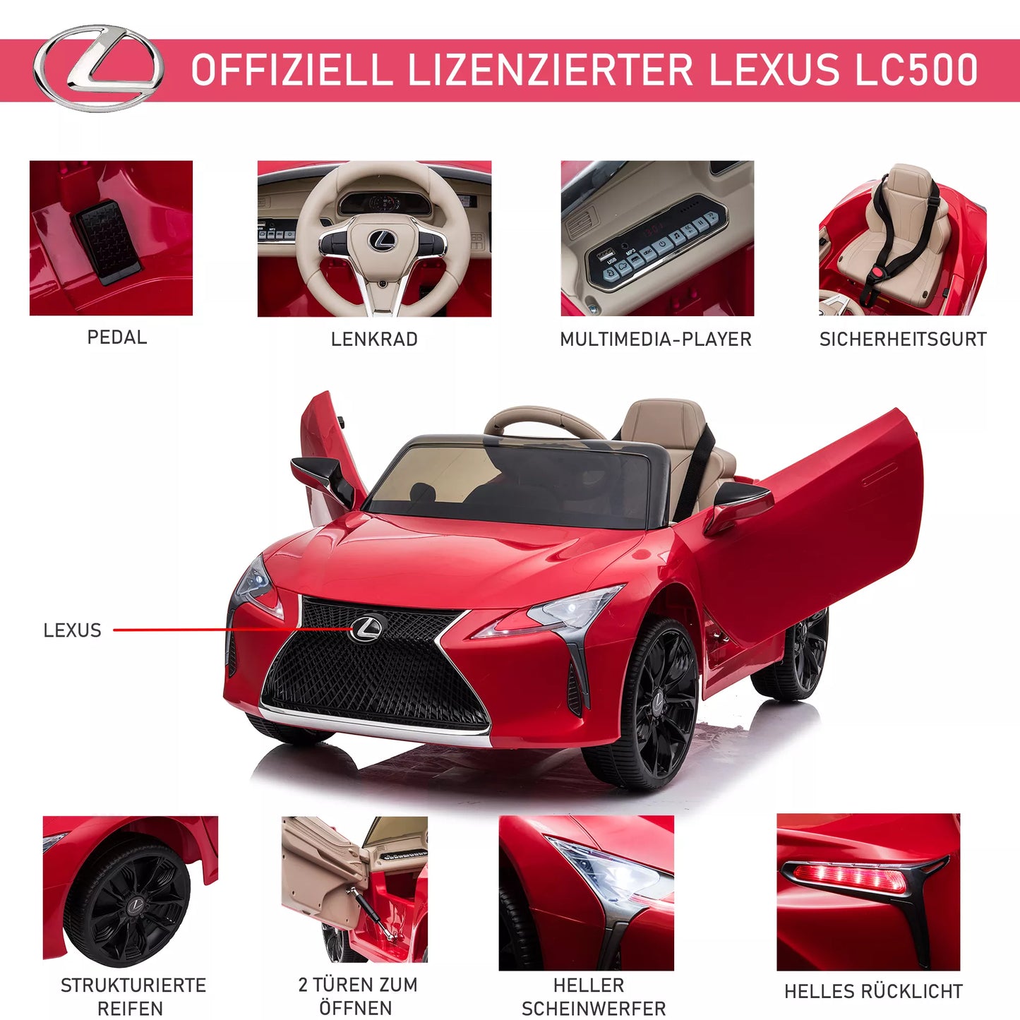 Lexus elektrinis vaikiškas automobilis 3-6 metukams su MP3 muzika, raudonas, 106 x 43 x 44 cm