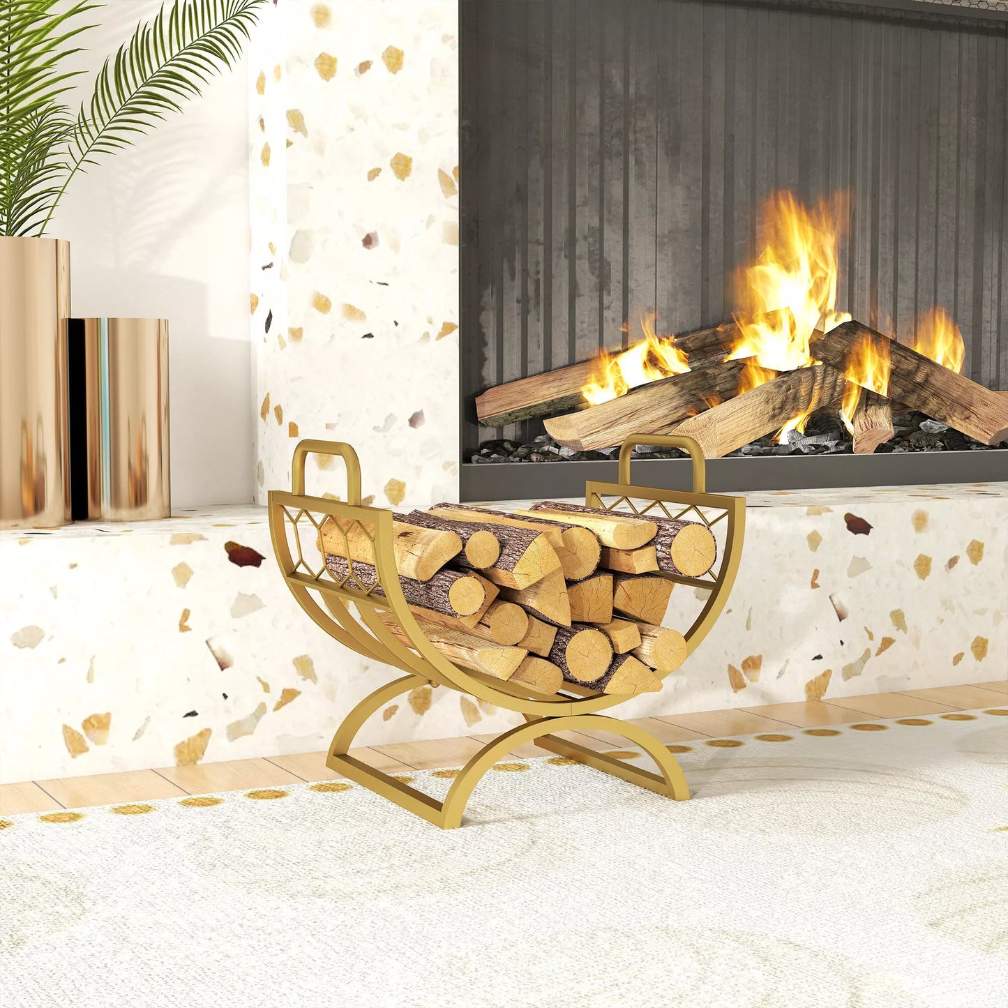 Vidaus patalpų medienų laikiklis 46 x 36 x 41 cm, židiniui, krosniai, metalas, auksas