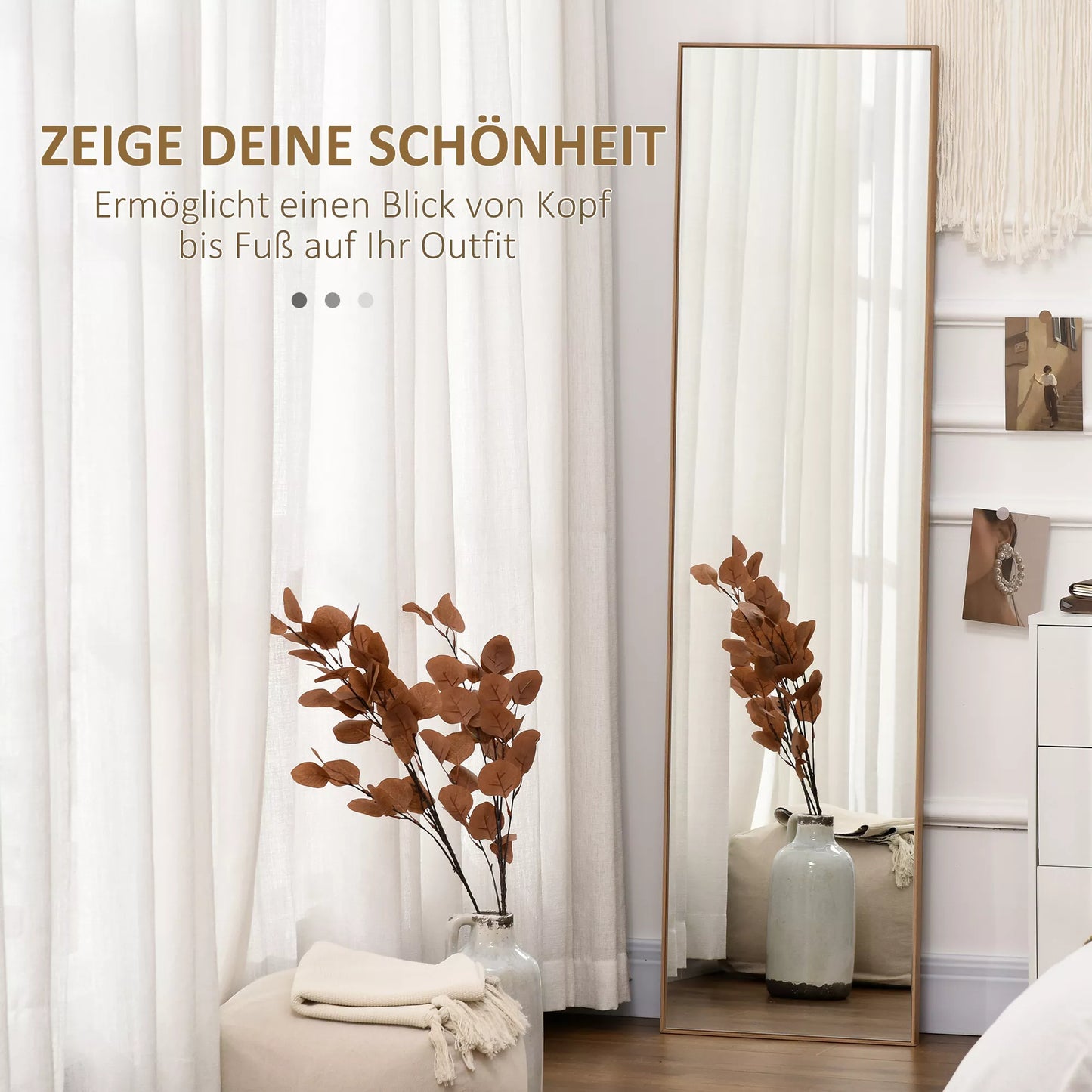 Viso kūno veidrodis su stovu, pastatomas, 40 cm x 150 cm, natūralus