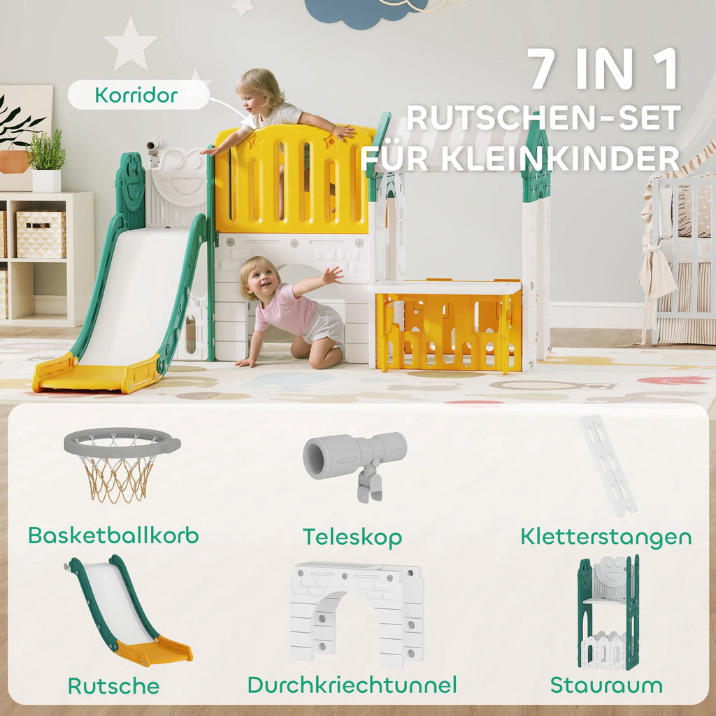 Žaidimų aikštelė vaikams 7-in-1, 1–4 metų, geltona-žalia