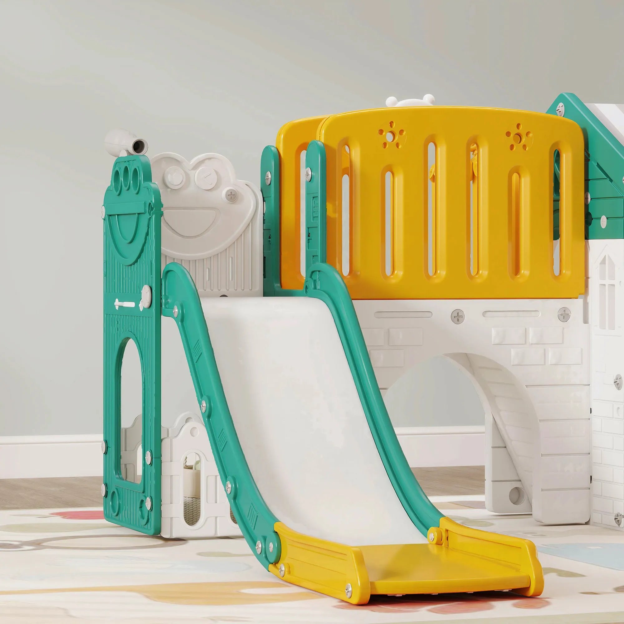 Žaidimų aikštelė vaikams 7-in-1, 1–4 metų, geltona-žalia
