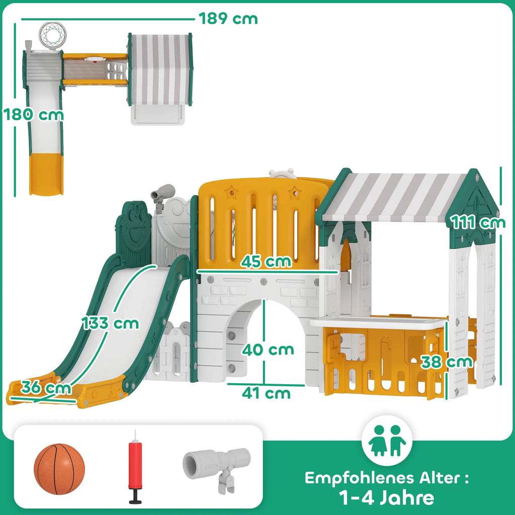 Žaidimų aikštelė vaikams 7-in-1, 1–4 metų, geltona-žalia