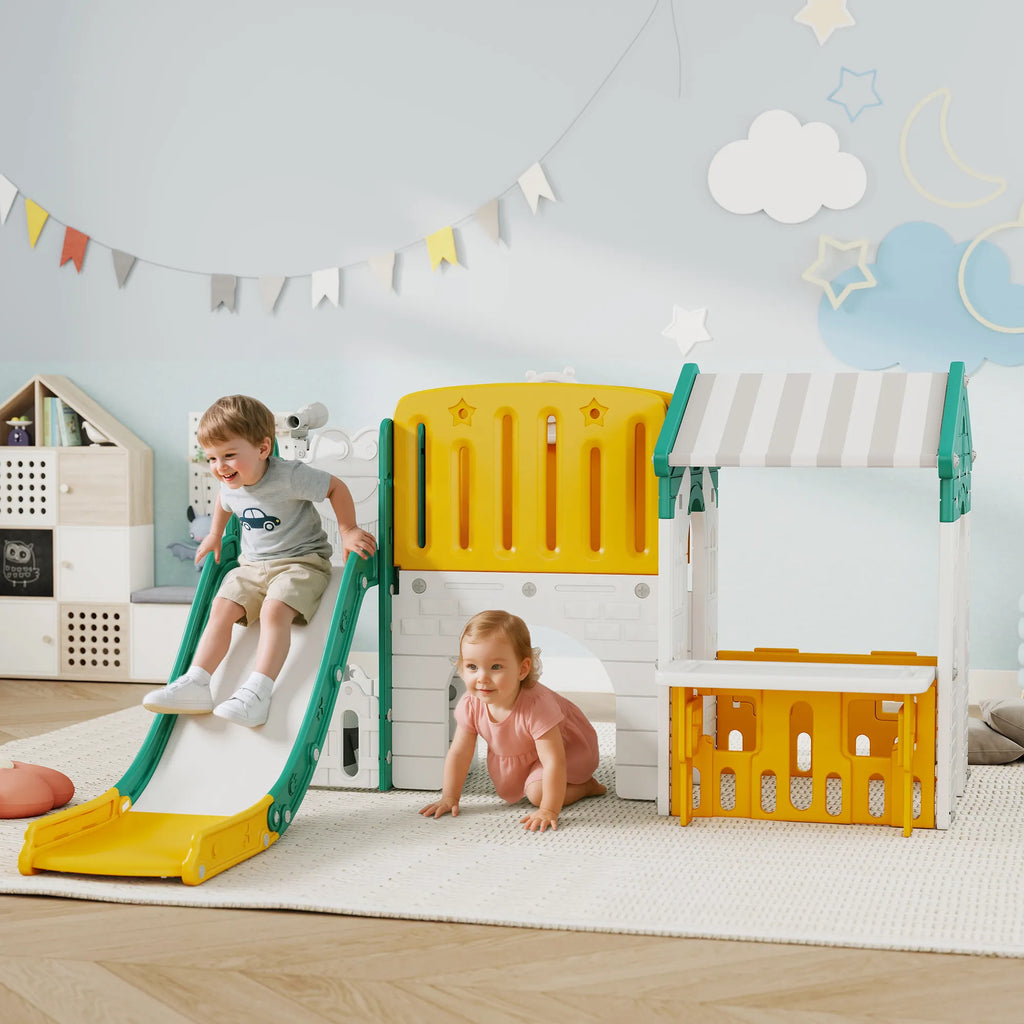 Žaidimų aikštelė vaikams 7-in-1, 1–4 metų, geltona-žalia