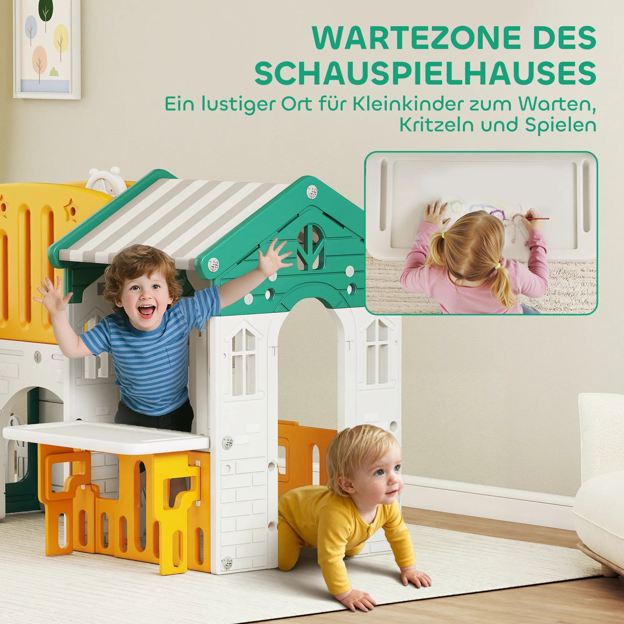 Žaidimų aikštelė vaikams 7-in-1, 1–4 metų, geltona-žalia
