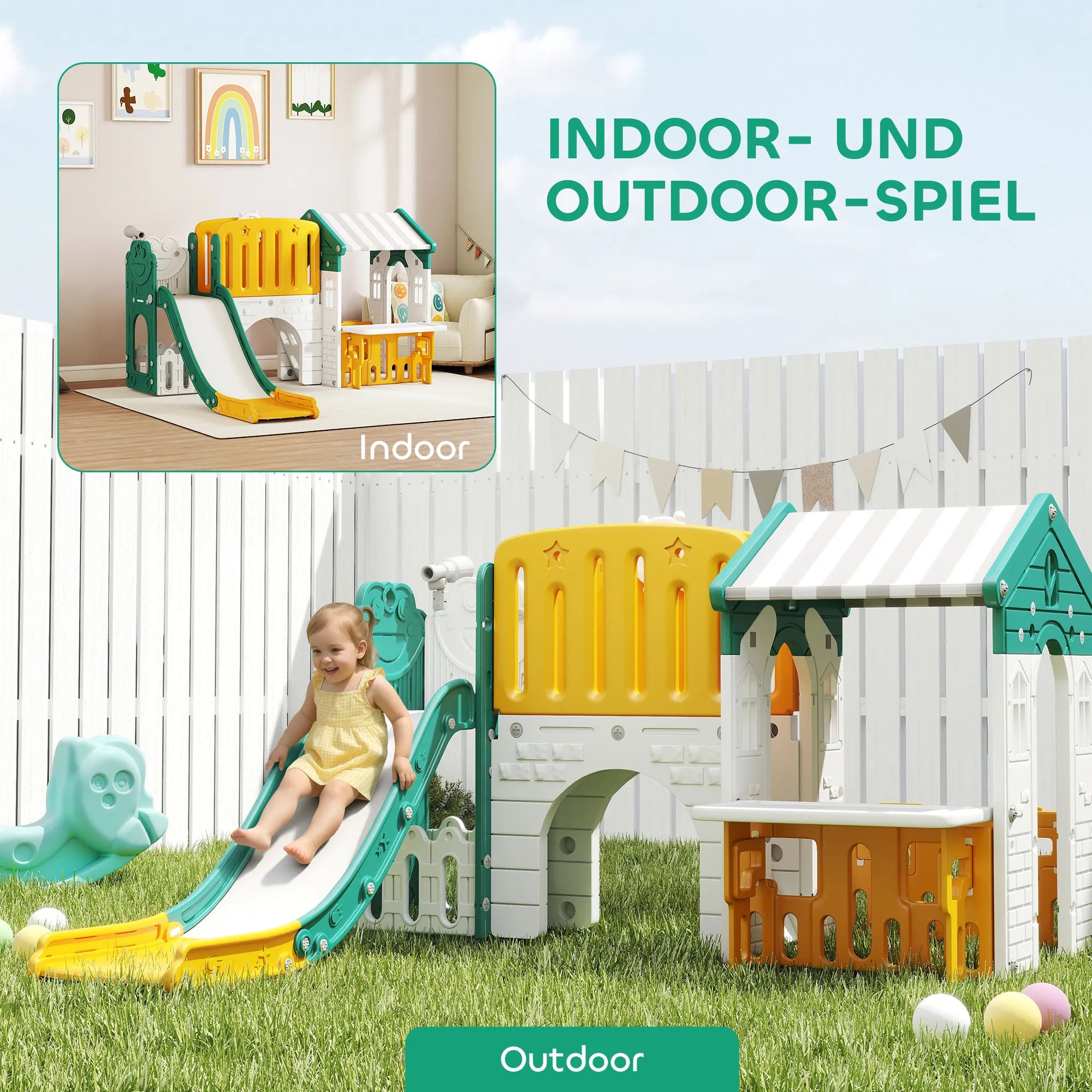 Žaidimų aikštelė vaikams 7-in-1, 1–4 metų, geltona-žalia