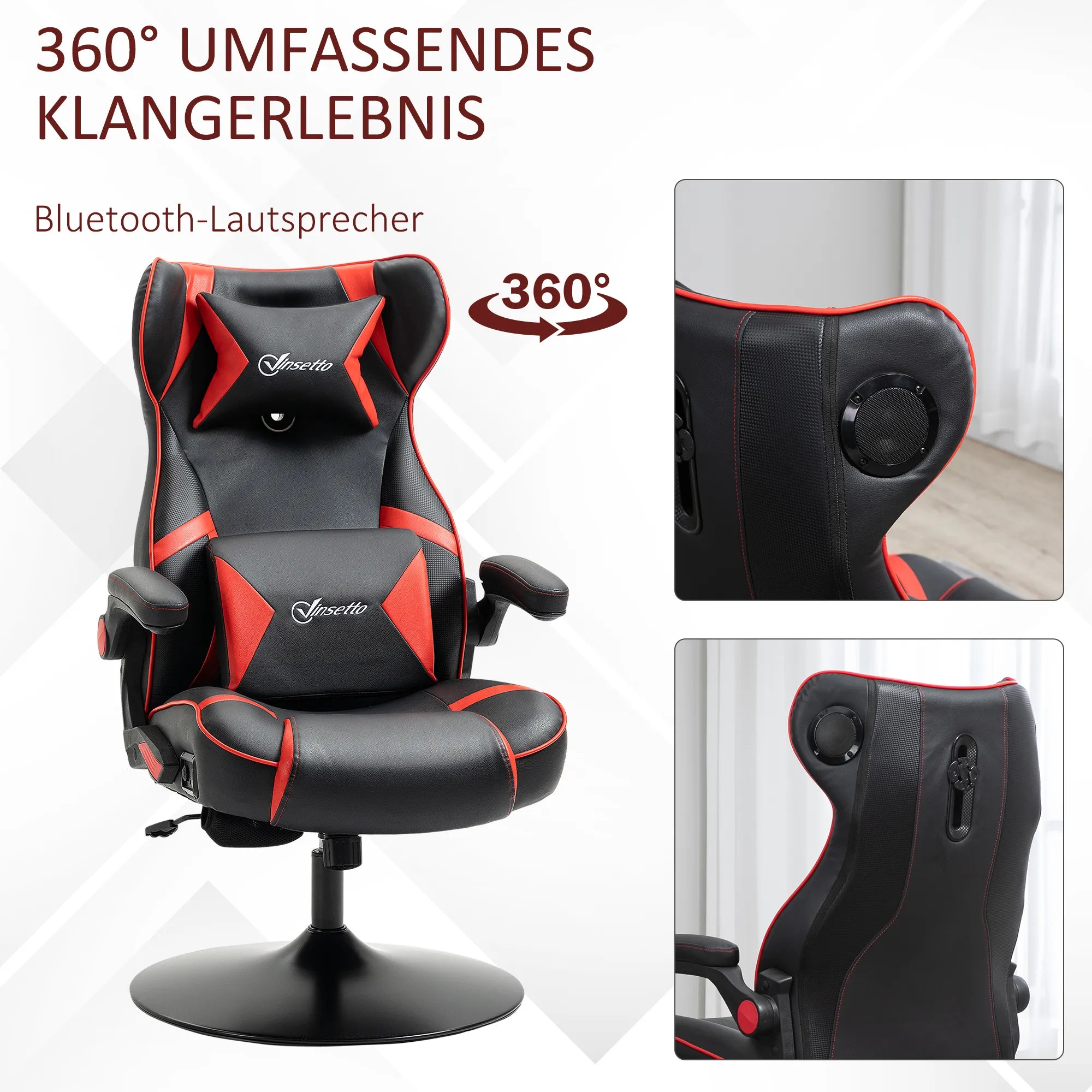 Žaidimų kėdė su Bluetooth garsiakalbiais ir reguliuojama atrama, iki 120 kg, raudona/juoda