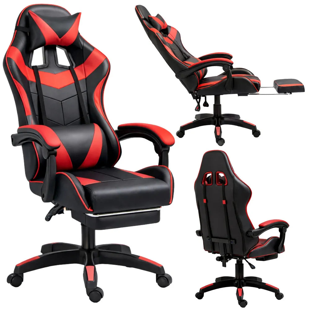 Žaidimų kėdė su kojų atrama, ergonomiška, juoda su raudonomis detalėmis