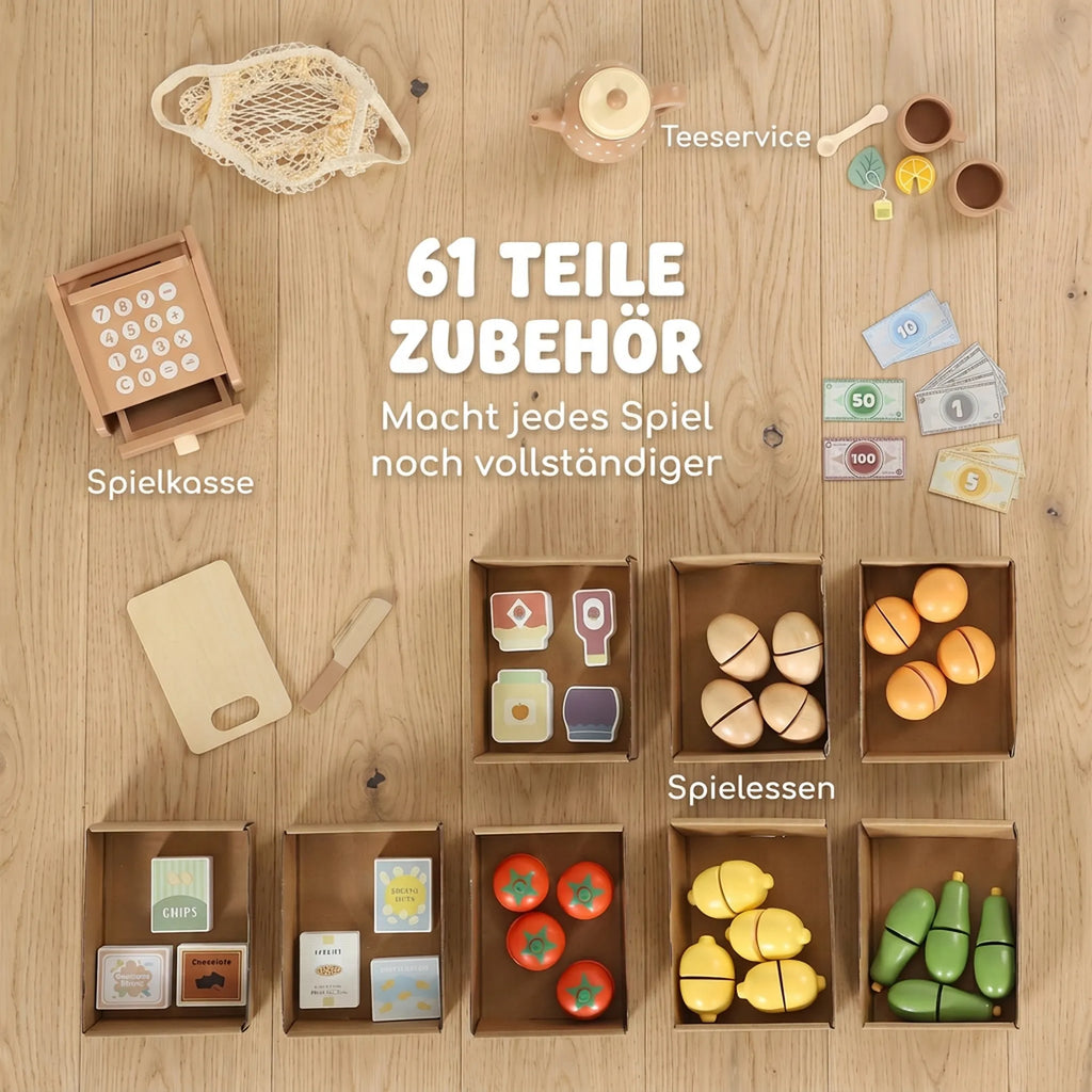 Žaislinė parduotuvė su kasa, lenta ir lentynomis, 61 priedas, 3–8 metų vaikams