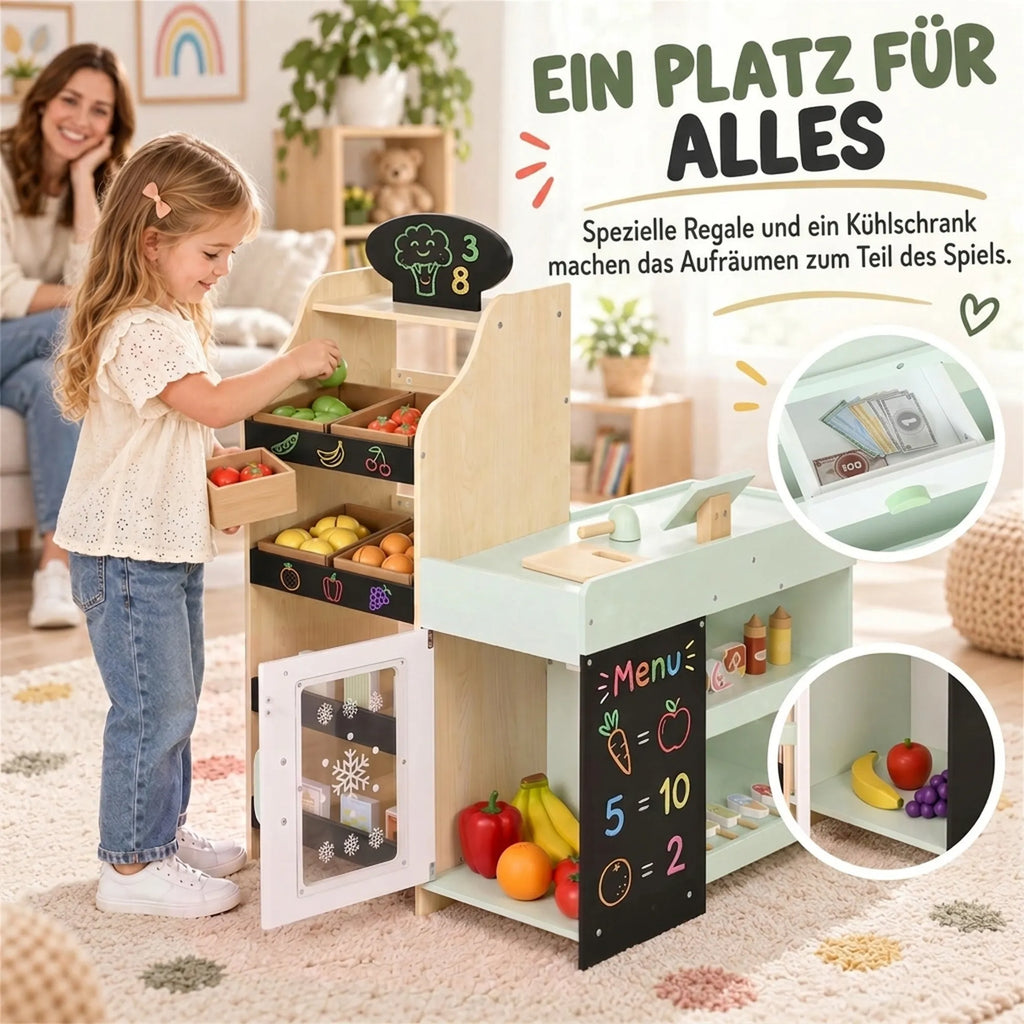 Žaislinė parduotuvė vaikams su kreidine lenta, kasa ir 44 priedais, 3–6 m.