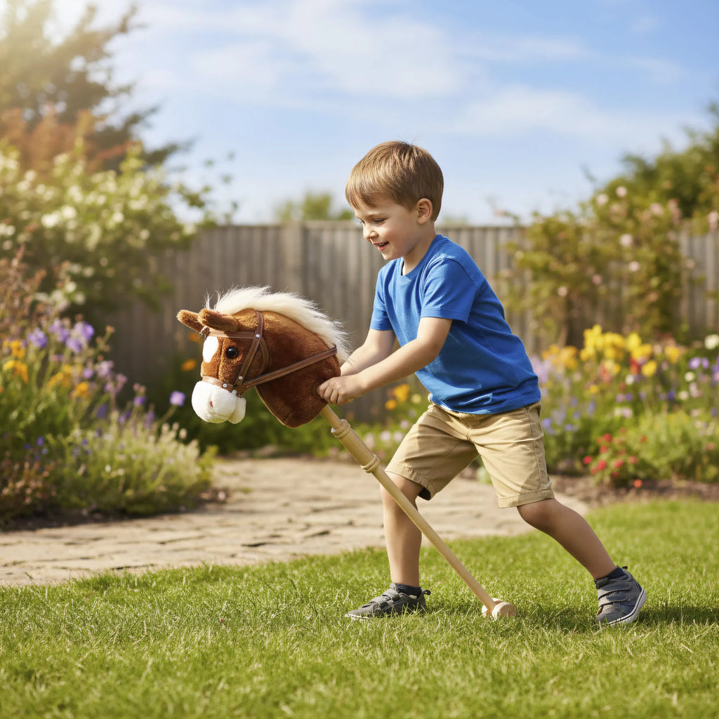 Žaislinis arkliukas ant pagaliuko su garsais, vaikams nuo 24 mėn., rudas