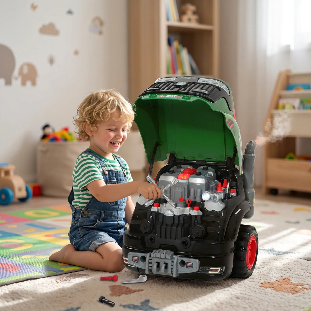 Žaislinis automobilio variklis, 60 dalių remonto rinkinys vaikams, žalias