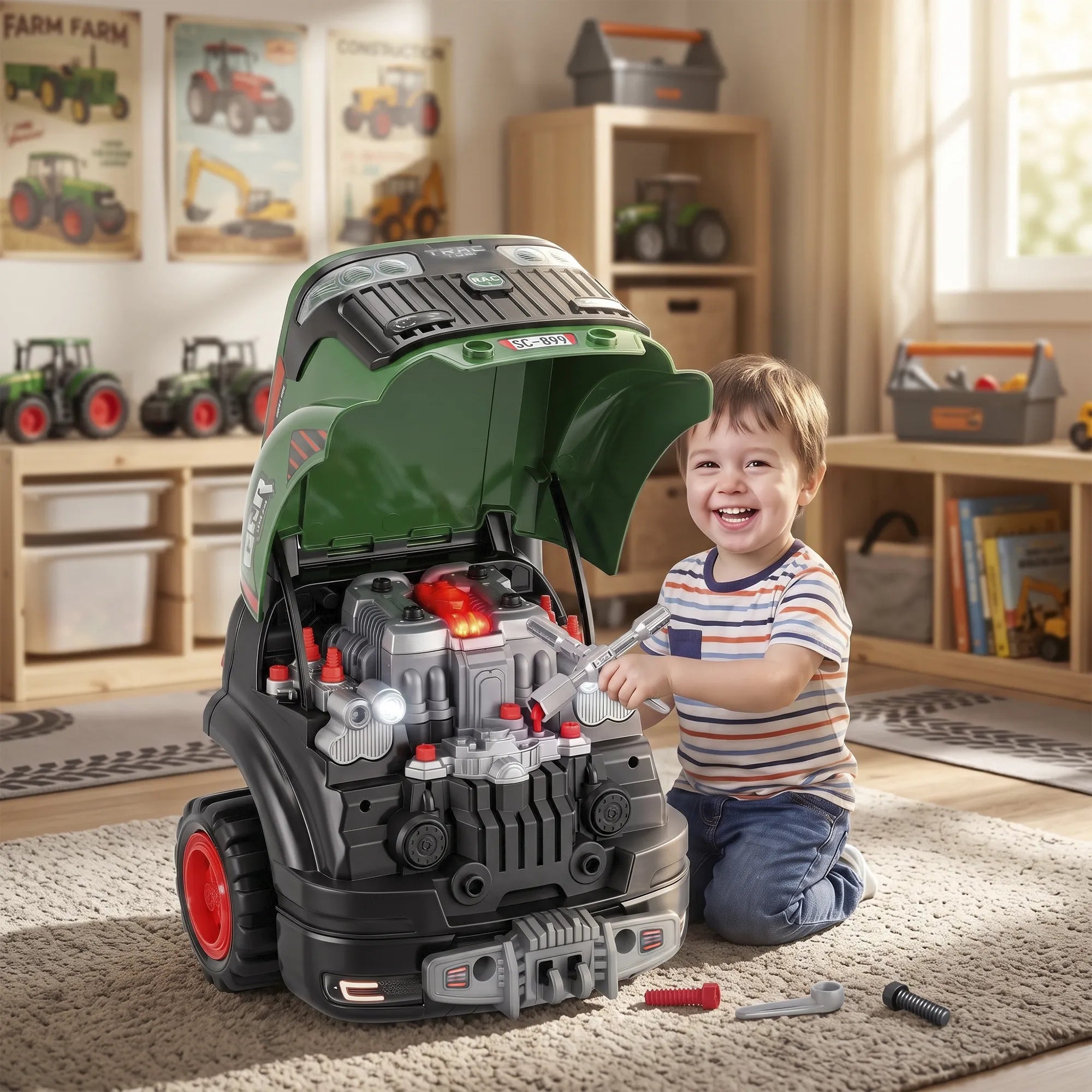 Žaislinis automobilio variklis, 60 dalių remonto rinkinys vaikams, žalias