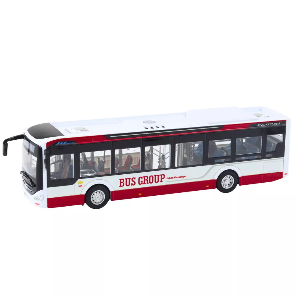 Žaislinis miesto autobusas, metalinis, su garsais ir šviesomis, 1:42, raudonas