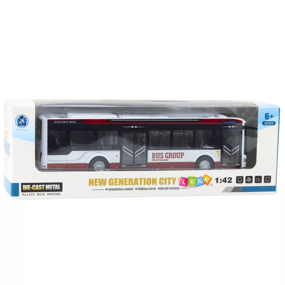 Žaislinis miesto autobusas, metalinis, su garsais ir šviesomis, 1:42, raudonas
