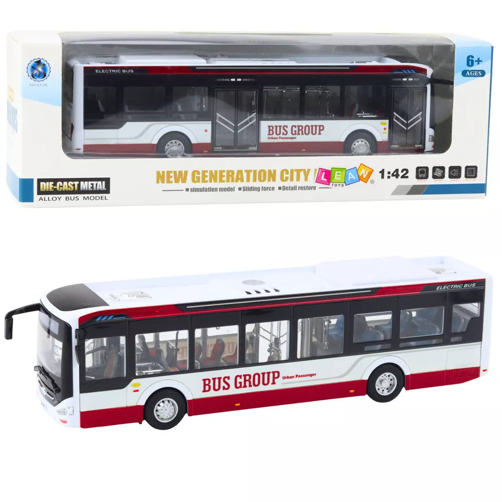 Žaislinis miesto autobusas, metalinis, su garsais ir šviesomis, 1:42, raudonas