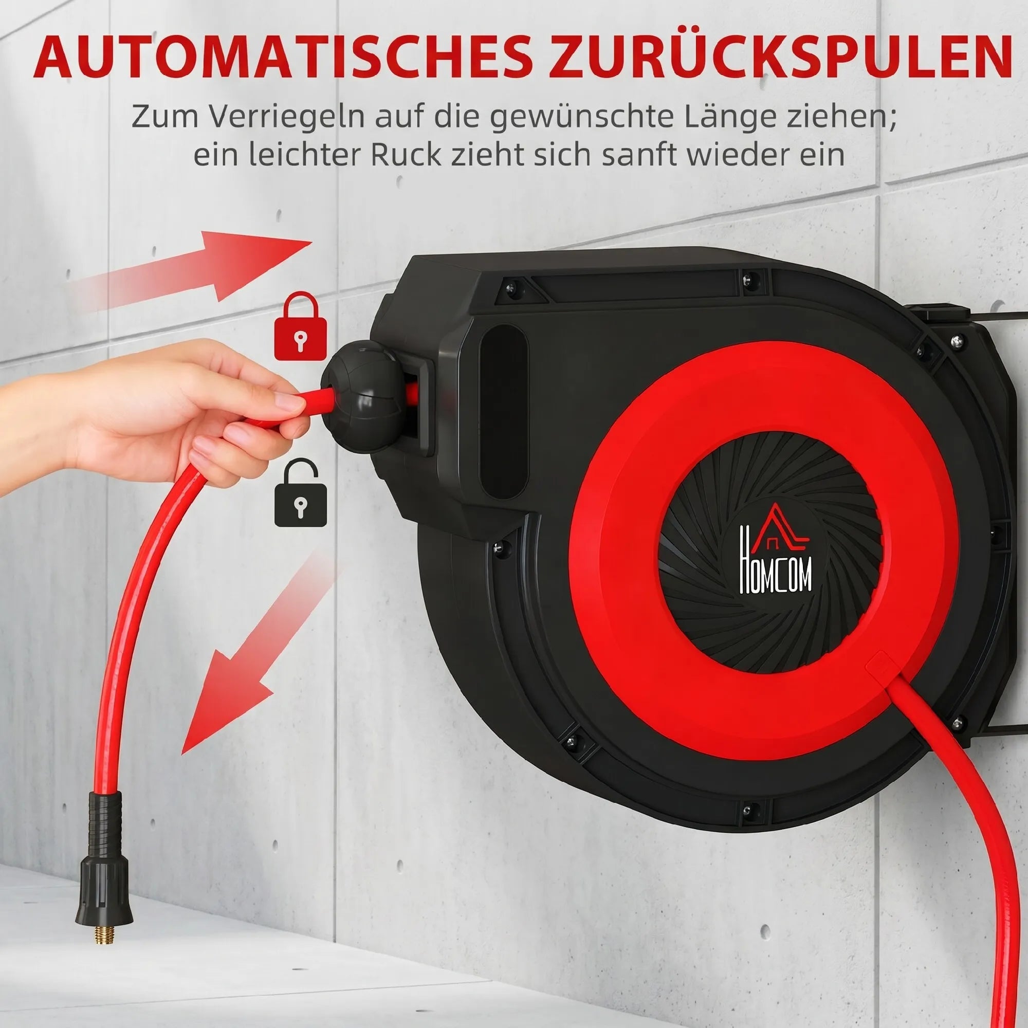 Žarnos ritė su automatinio įtraukimo mechanizmu, 16,5 m, juoda ir raudona