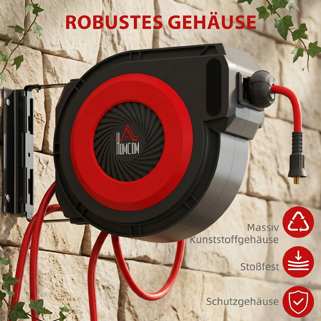 Žarnos ritė su automatinio įtraukimo mechanizmu, 16,5 m, juoda ir raudona
