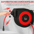 Žarnos ritė su automatinio įtraukimo mechanizmu, 16,5 m, juoda ir raudona