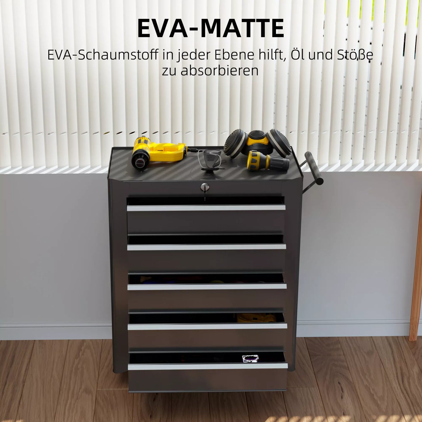 Įrankių dėžė, įrankių spintelė, su ratukais, 5 stalčiai, plienas, juoda