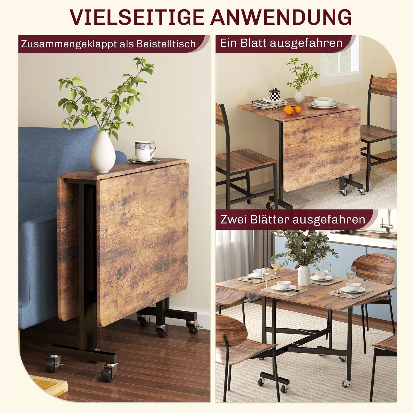 Sulankstomas valgomojo stalas, tinkamas iki 6 žmonių, su 6 ratukais ir stabdžiais, skirtas mažoms erdvėms, rudos spalvos.