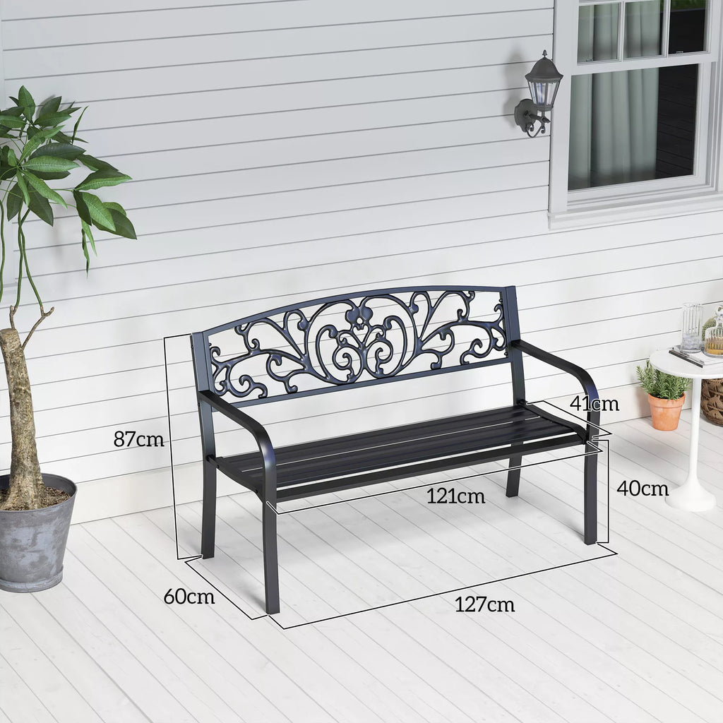 Metalinė sodo suolelė, gėlių dizainas, 2 vietų, 240 kg apkrova, plienas, 127L x 60B x 87H cm, juoda