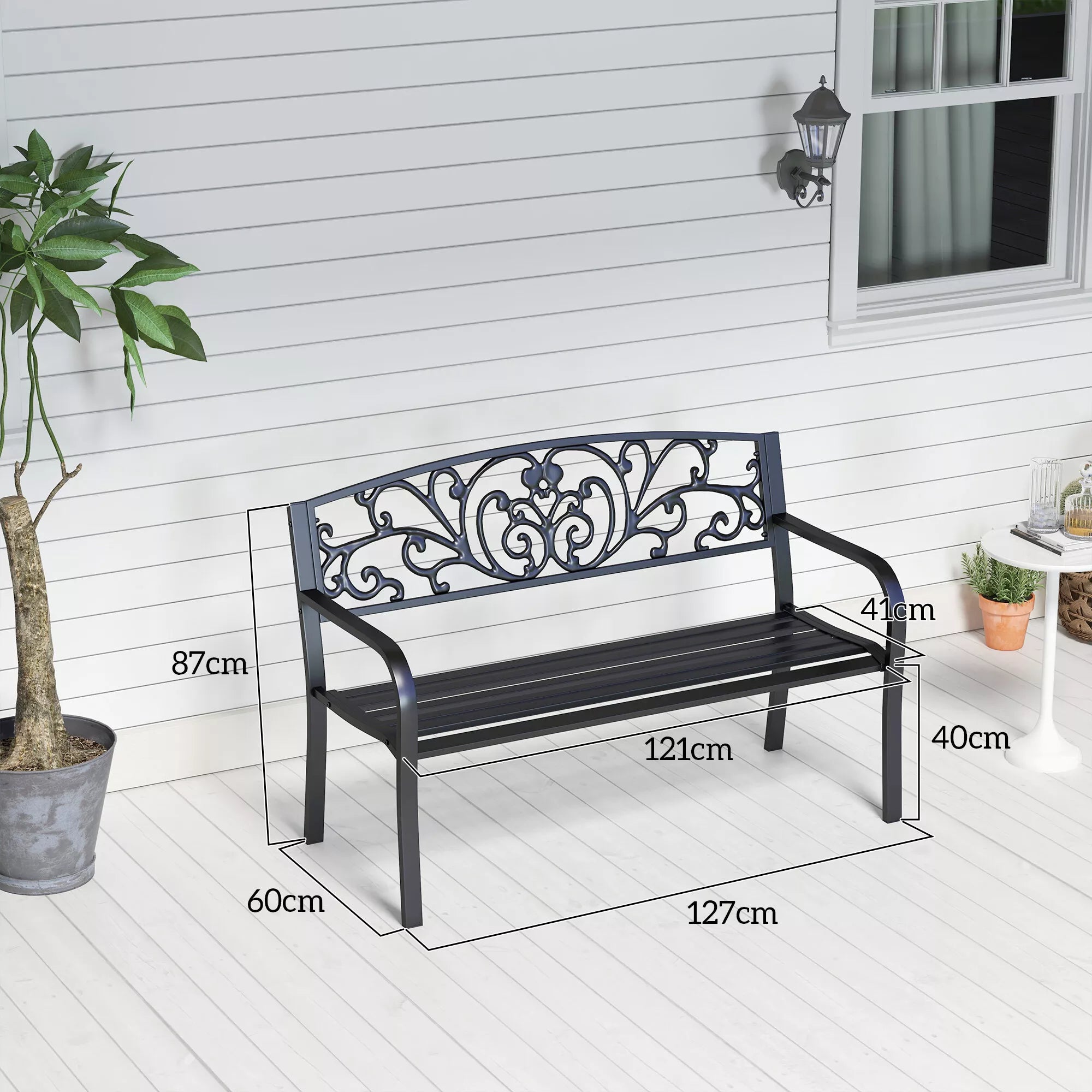 Metalinė sodo suolelė, gėlių dizainas, 2 vietų, 240 kg apkrova, plienas, 127L x 60B x 87H cm, juoda