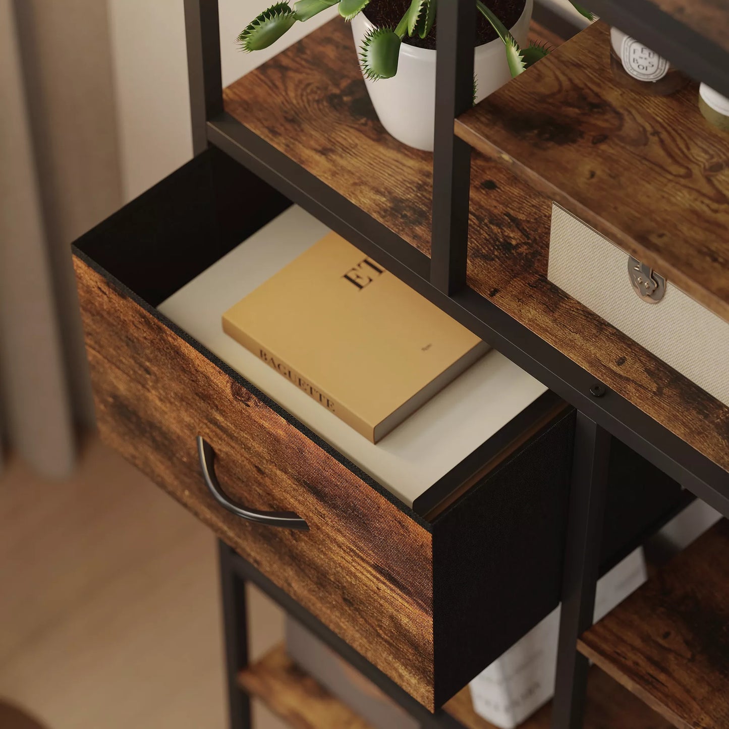 Saugojimo lentynos, 2 audinio stalčiai, 9 atviri skyriai, laisvai stovinti lentynos su plieniniu rėmu, ruda + juoda