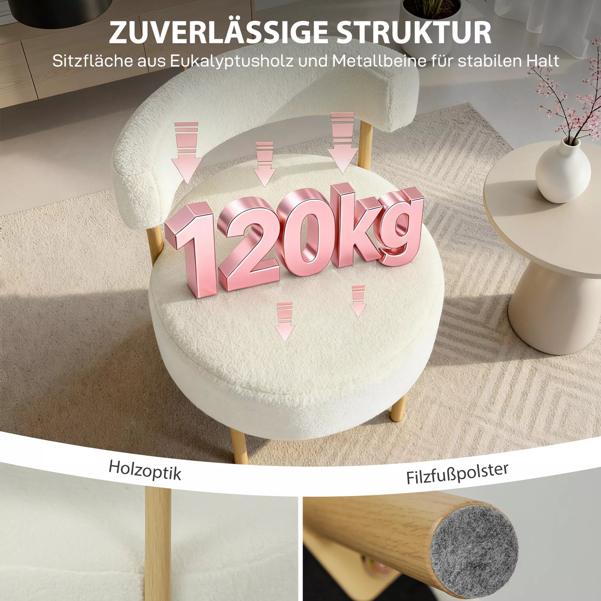 Krėslas poilsiui su Sherpa vilnos audiniu, metalinėmis kojelėmis medžio išvaizda, apmuštas krėslas 67 x 67 x 71 cm kreminės baltos spalvos