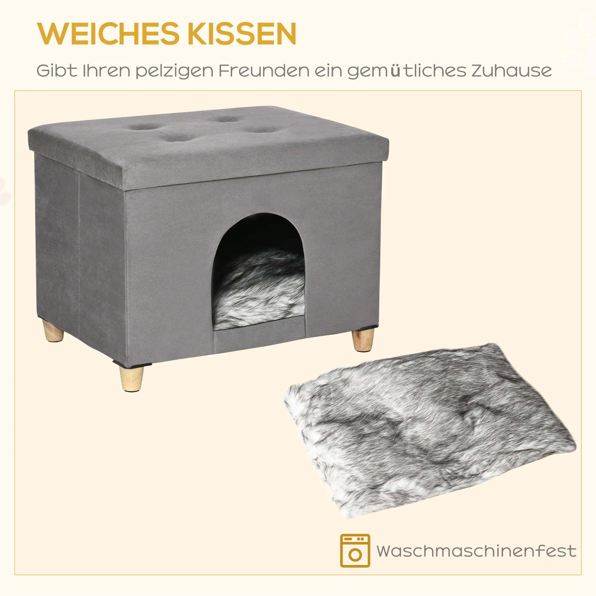 2-IN-1 kačių guolis - pufas su pagalvėle, medinės kojos, katės namelis, katės krepšys, minkštai paminkštintas, elegantiško dizaino, nuimamas, MDF, pliušas, pilkas, 60 x 45 x 44,5 cm