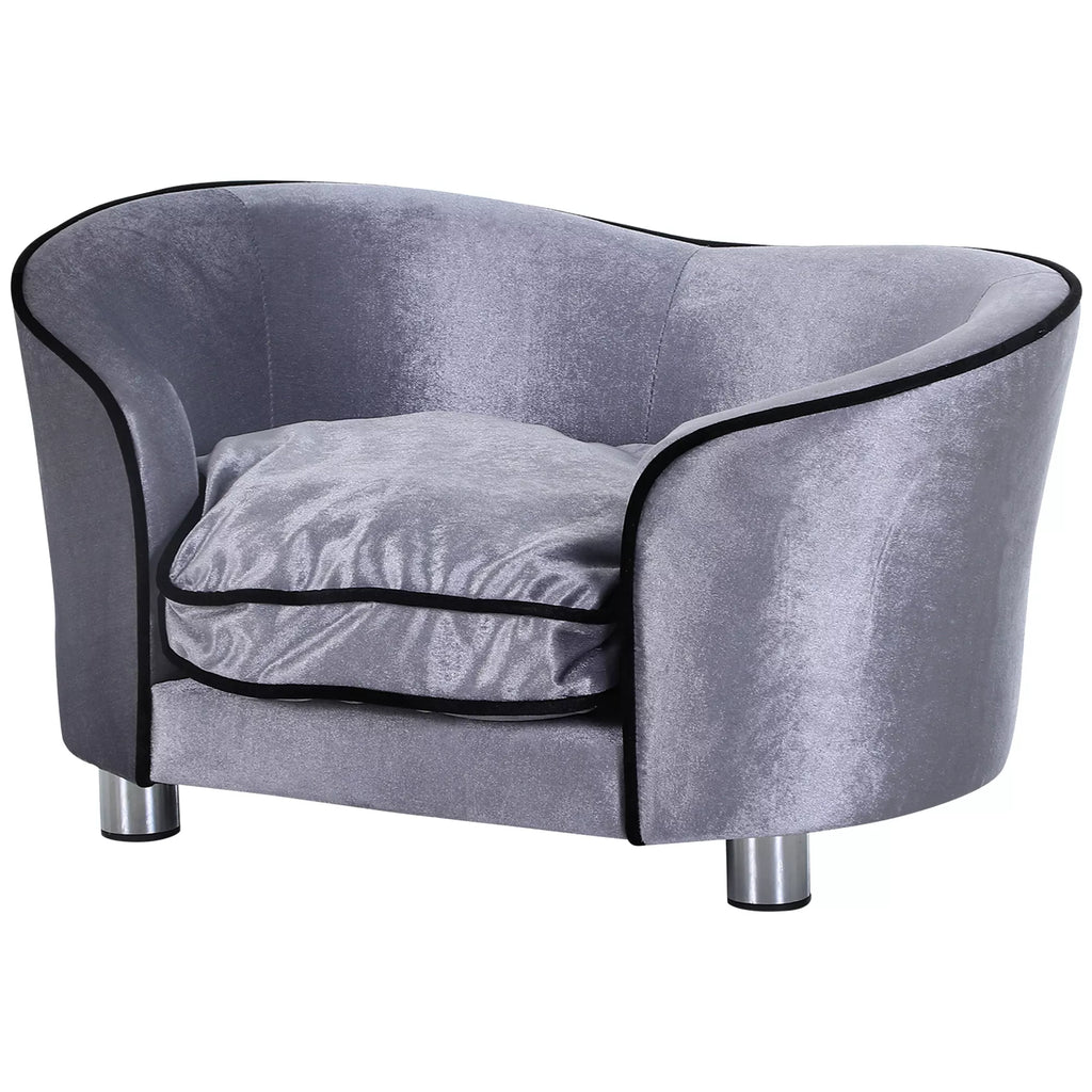 Šunų sofa, šunų lovelė, plaunamas sėdimoji pagalvėlė, pliušinis užvalkalas, natūralaus medžio rėmas, šviesiai pilkos spalvos, 69 x 49 x 38 cm