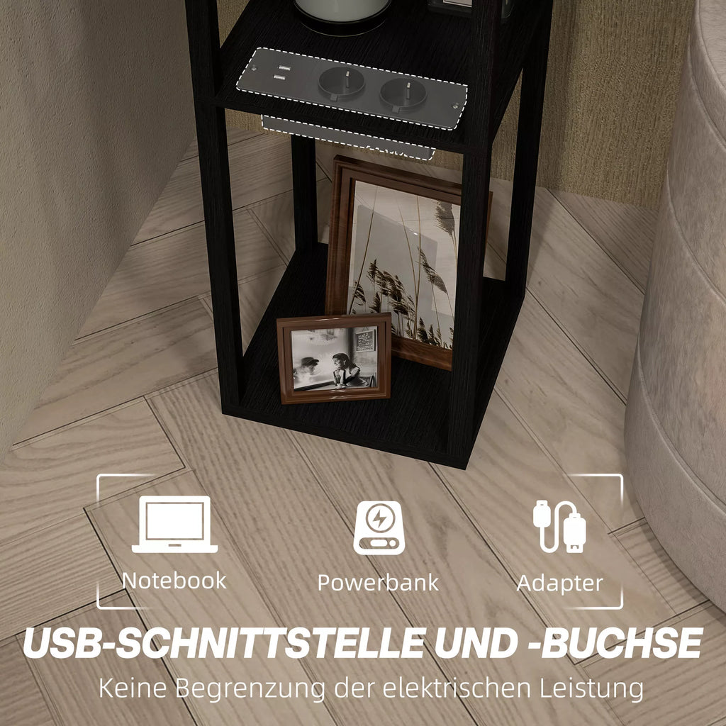 Stovas su 3 pakopų lentynėle, pėdų jungikliu, USB jungtimis, MDF, juodos spalvos