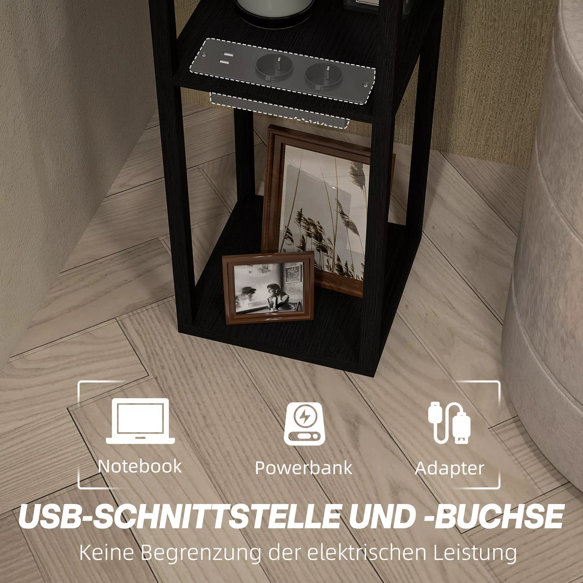 Stovas su 3 pakopų lentynėle, pėdų jungikliu, USB jungtimis, MDF, juodos spalvos