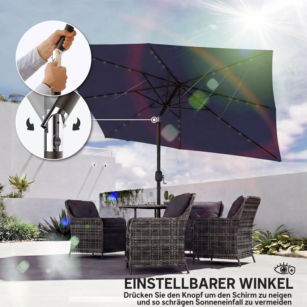 Saulės skėtis LED Solar, apie 300 x 200 cm, sulankstomas balkono skėtis su rankena, apsauginis apvalkalas, UV apsauga, pasukamas, tamsiai mėlynos spalvos