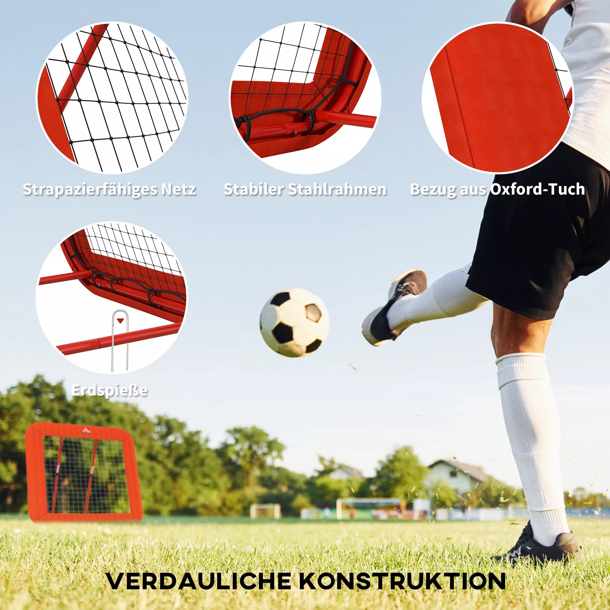 Futbolo atšokimo tinklas, reguliuojamas, sulankstomas, metalinis rėmas, visų oro sąlygų PE tinklas, su vinimis, raudonas