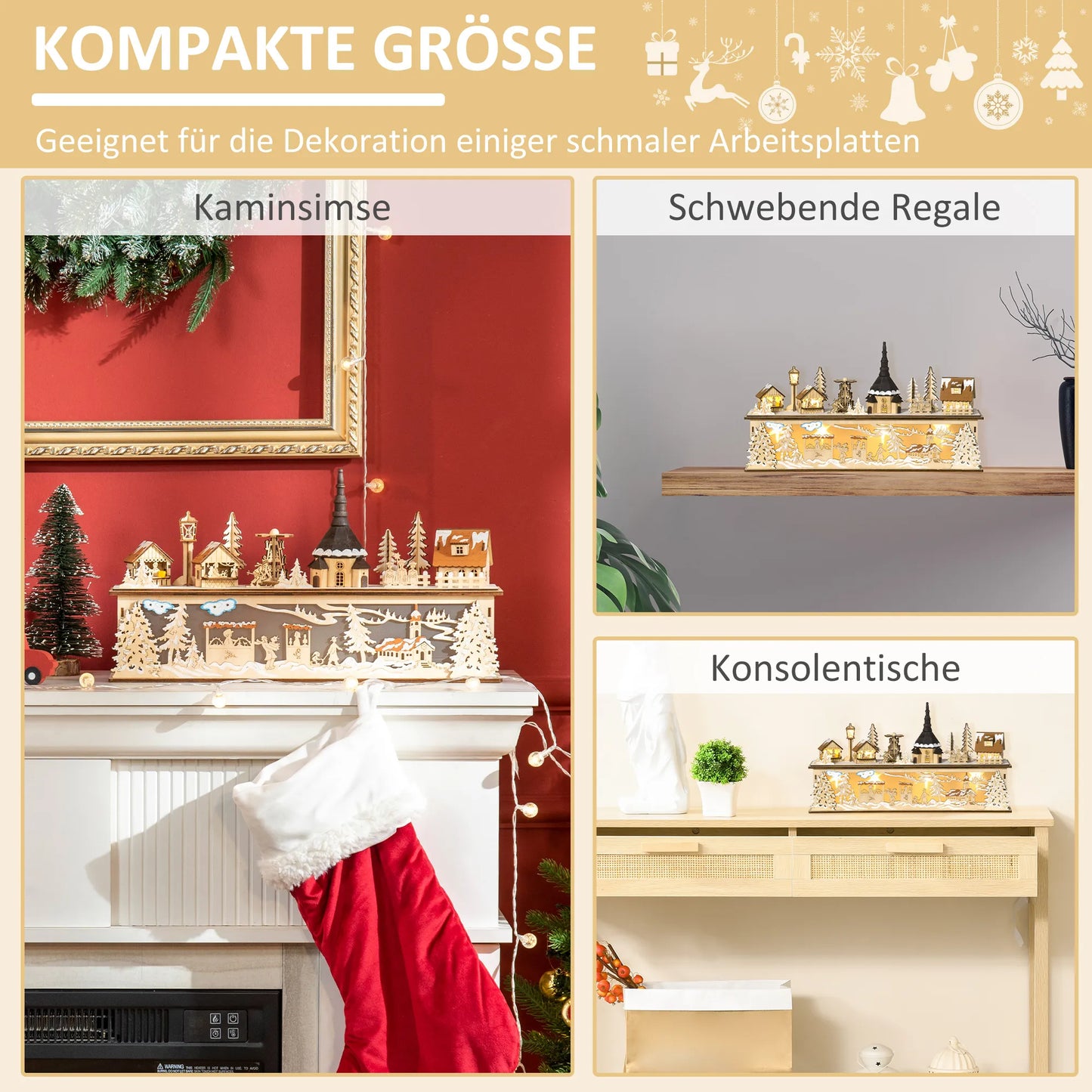 Kalėdinė dekoracija, Kalėdinis kaimelis, 10 LED, šiltai baltos šviesos, 45 x 10 x 25 cm, medžio dekoras