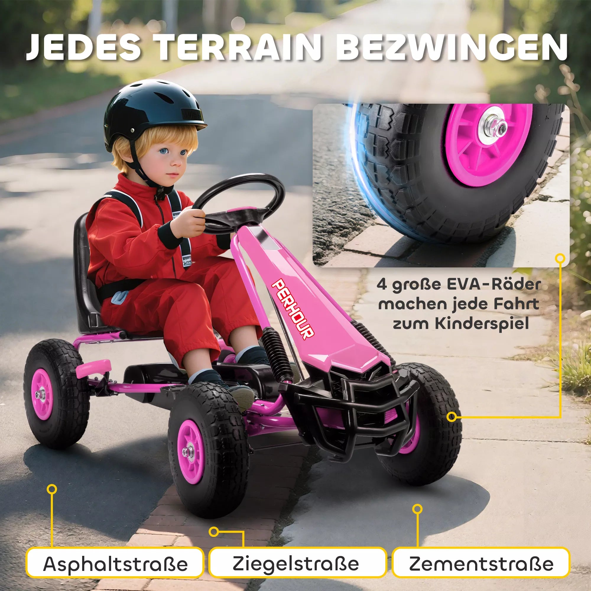 Pedalinis kartingas vaikams, aukščio reguliuojama sėdynė, EVA ratai, stabdžiai, sankaba, 3–8 metai, rožinis