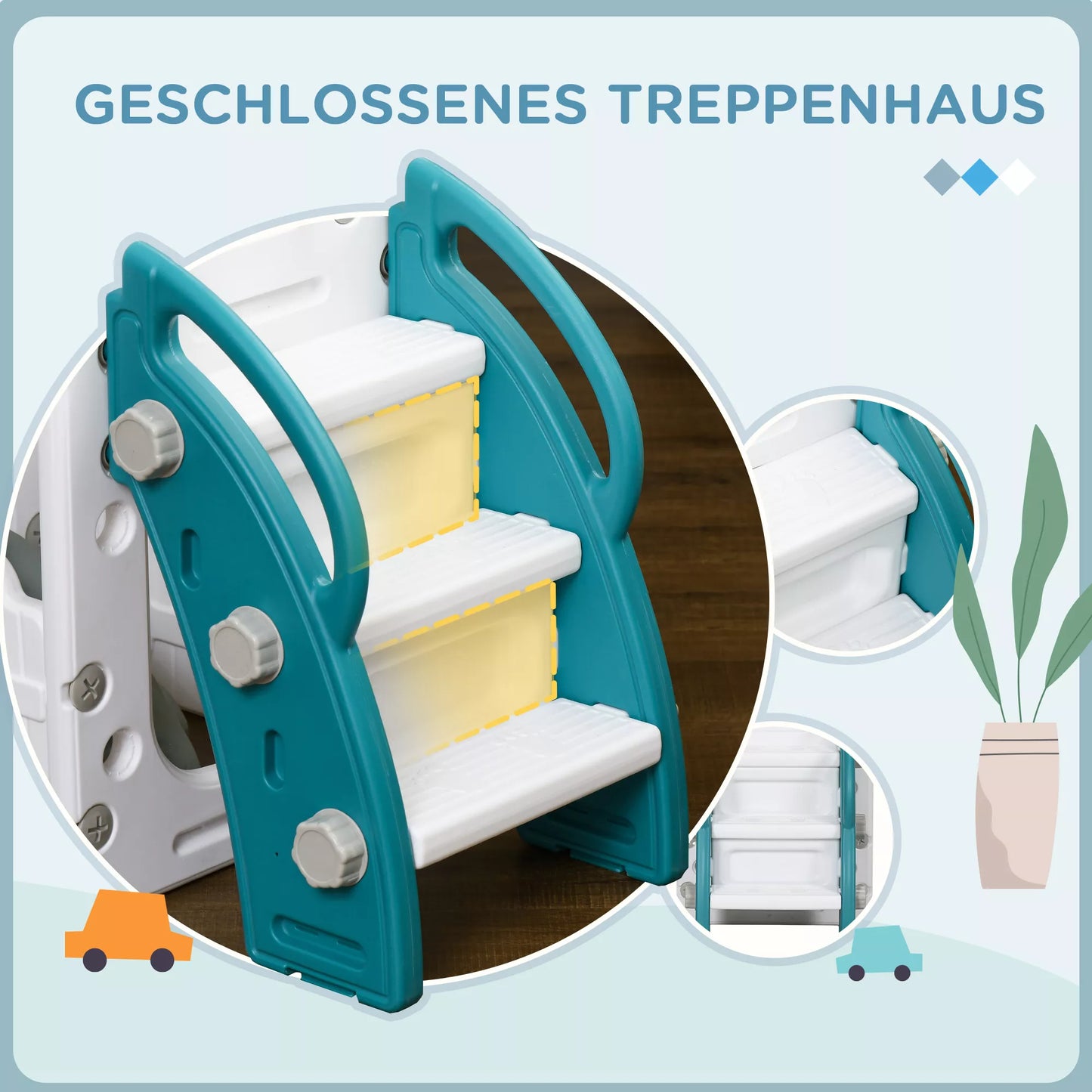 Vaikiška čiuožykla, 7 viename žaidimų kompleksas, su krepšinio lenta ir vairu, 1-3 metų vaikams, 178x177x99cm, Geltona/Balta/Žalia