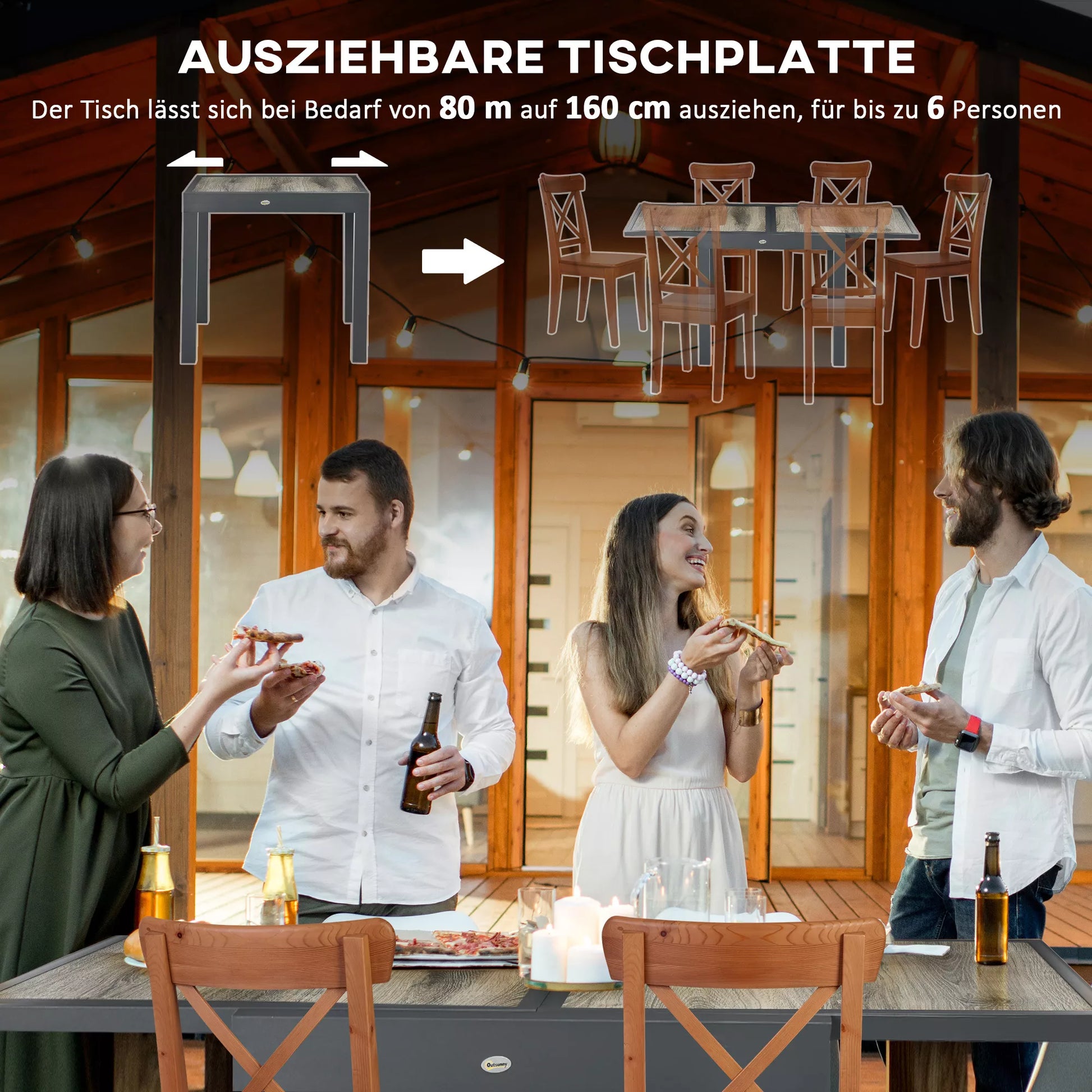 Sodo stalas, išskleidžiamas, lengvai prižiūrimas, aliuminio rėmas, medžio imitacija, 160 x 80 x 75 cm