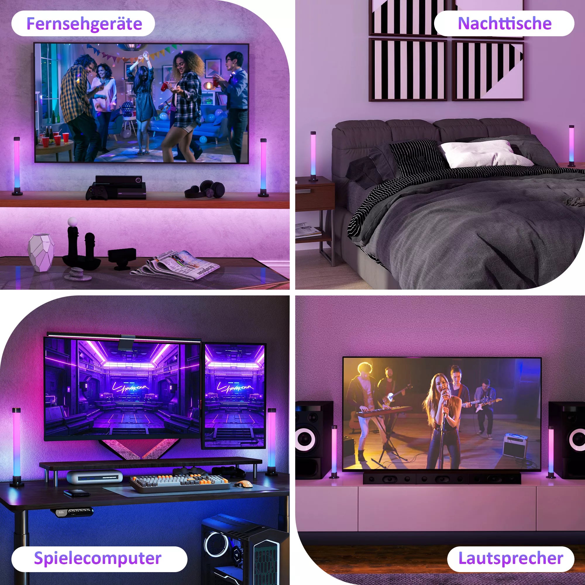 2 vnt. LED lempa, stalo lempa su programėle ir nuotolinio valdymo pultu, muzikos sinchronizavimas, spalvų režimai, laikmatis, balta