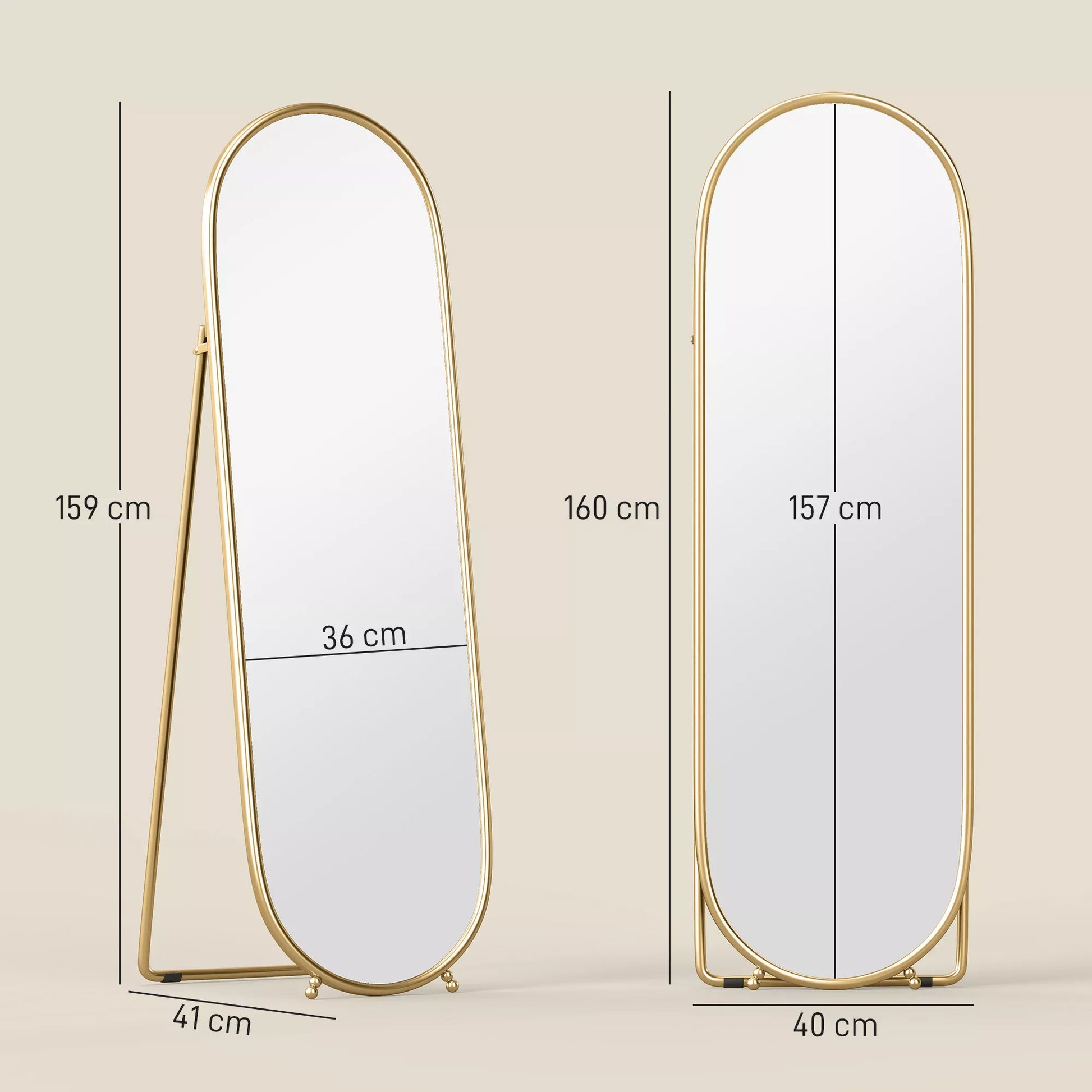 Visą kūną atspindintis veidrodis, ovalo formos, stovintis, metalinis rėmas, 40x160 cm, spalva: auksinė