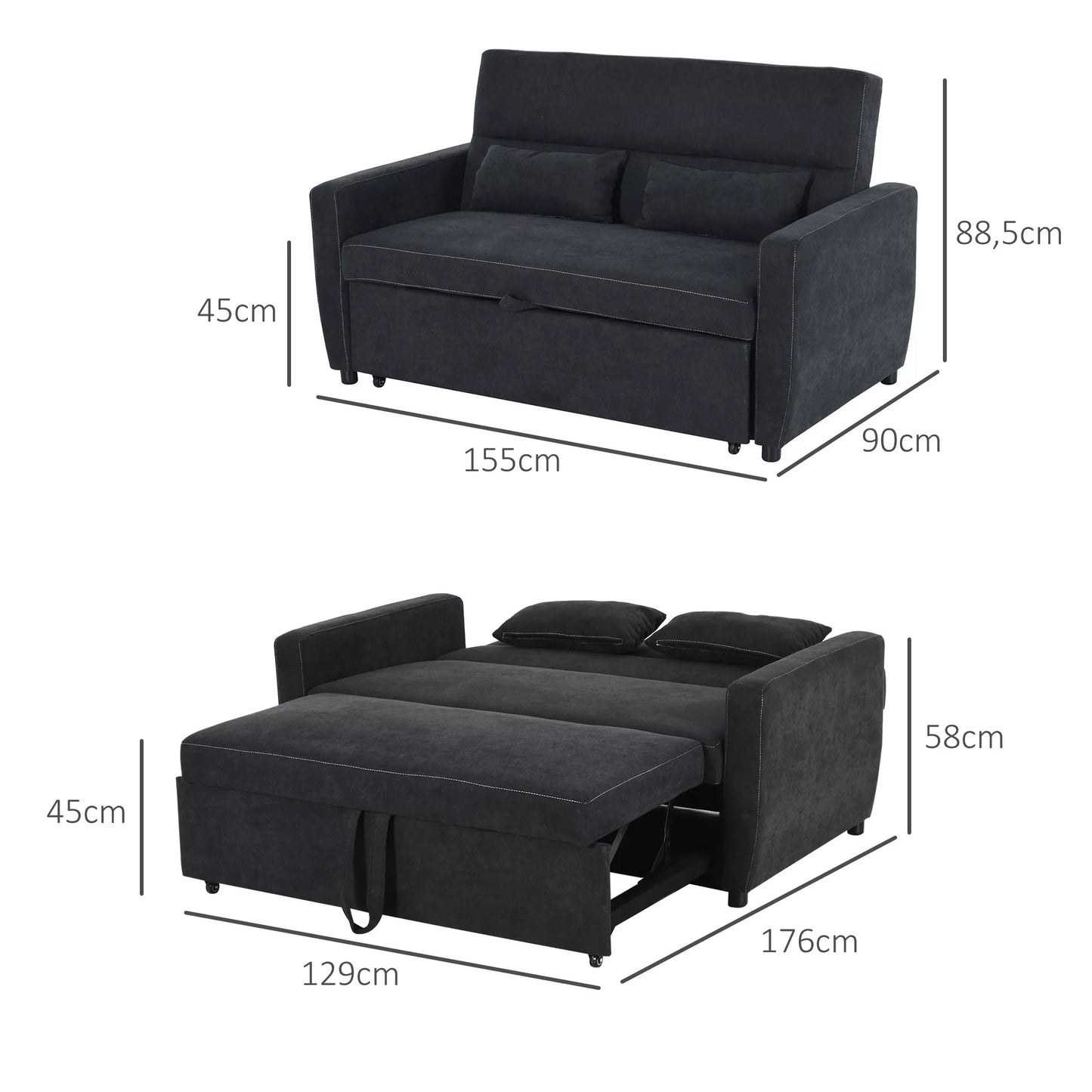 Dvivietė sofa su miegojimo funkcija, reguliuojama atlošas, minkšta sofa, aksomo išvaizda, skirta svetainei, miegamajam, juoda