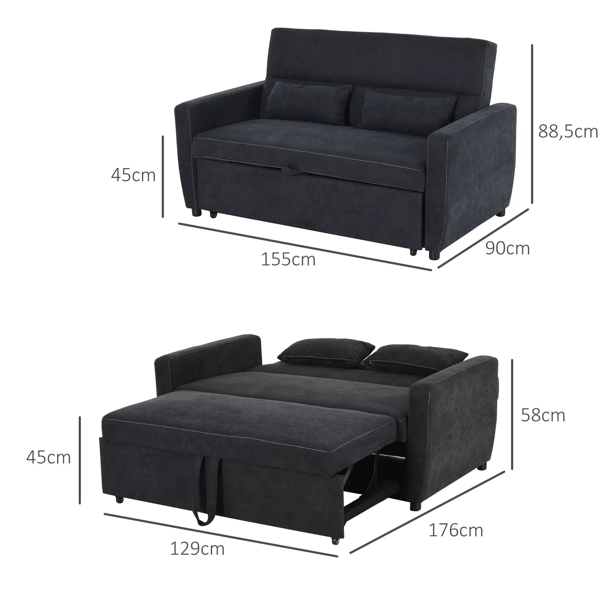 Sofa lova su miegojimo funkcija ir reguliojamu atlošu, 155 cm, juoda