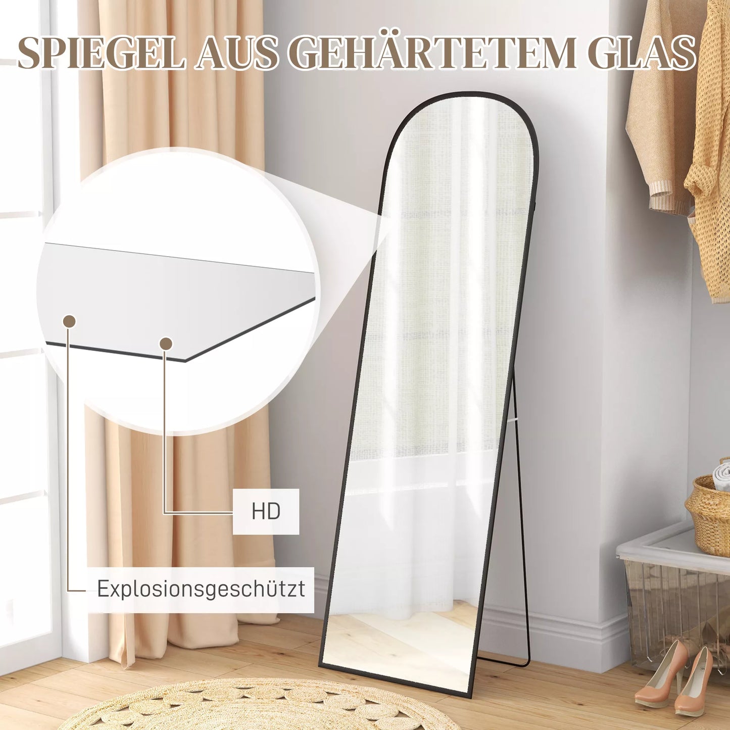 Pastatomas veidrodis, pilno ūgio, didelis, modernaus dizaino, 50 cm x 1,5 cm x 161,5 cm, juodas