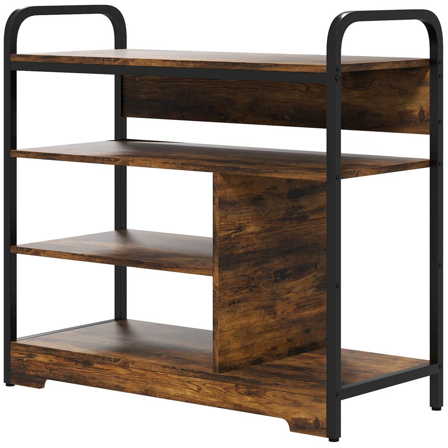 4 pakopų batų lentyna, atviras dizainas, metalinis rėmas, reguliuojamos kojelės, 70x30x65 cm, ruda/juoda