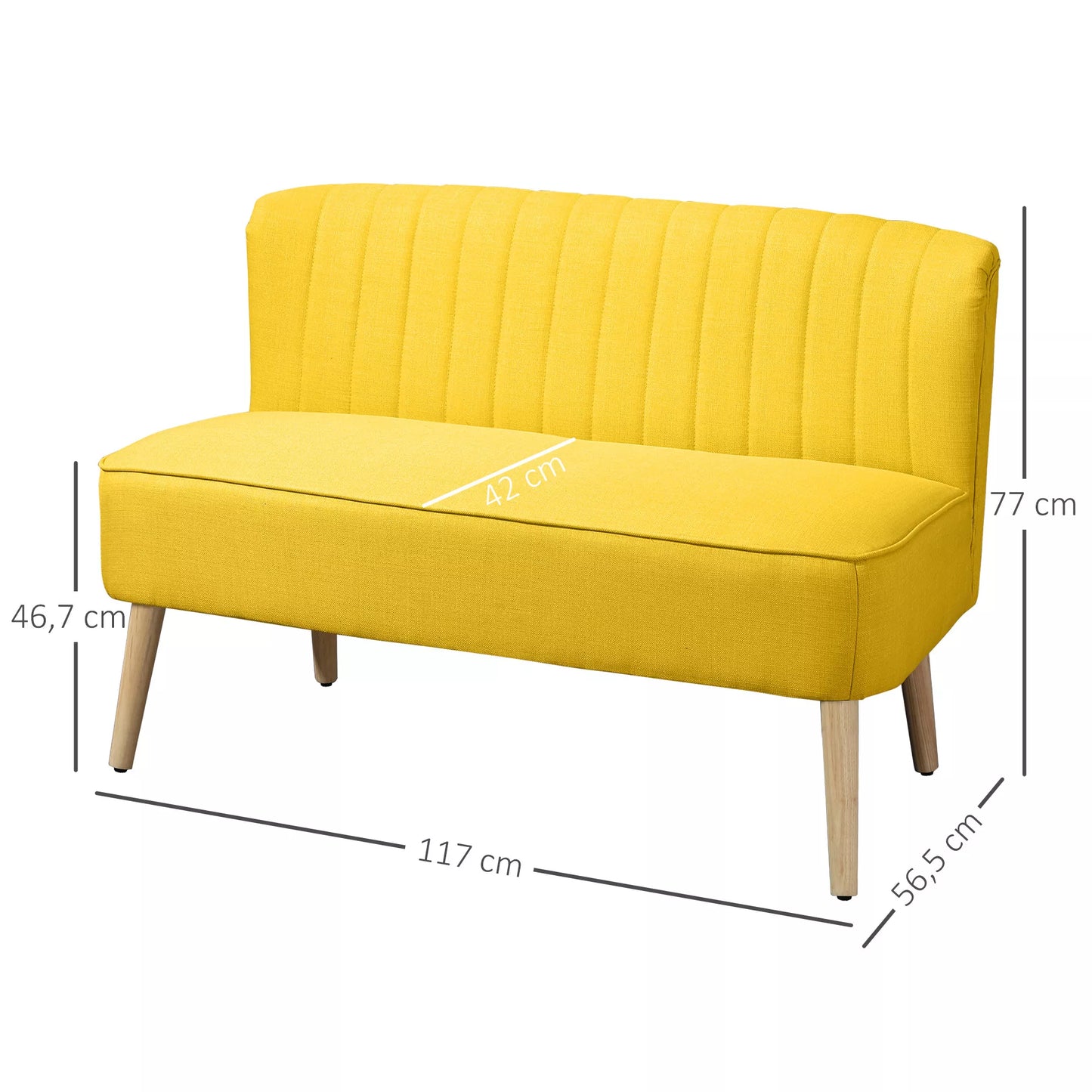 2 vietų sofa, minkšti paminkštinimai, lengvai prižiūrimas užvalkalas, iki 150 kg, 117 x 56,5 x 77 cm, geltona