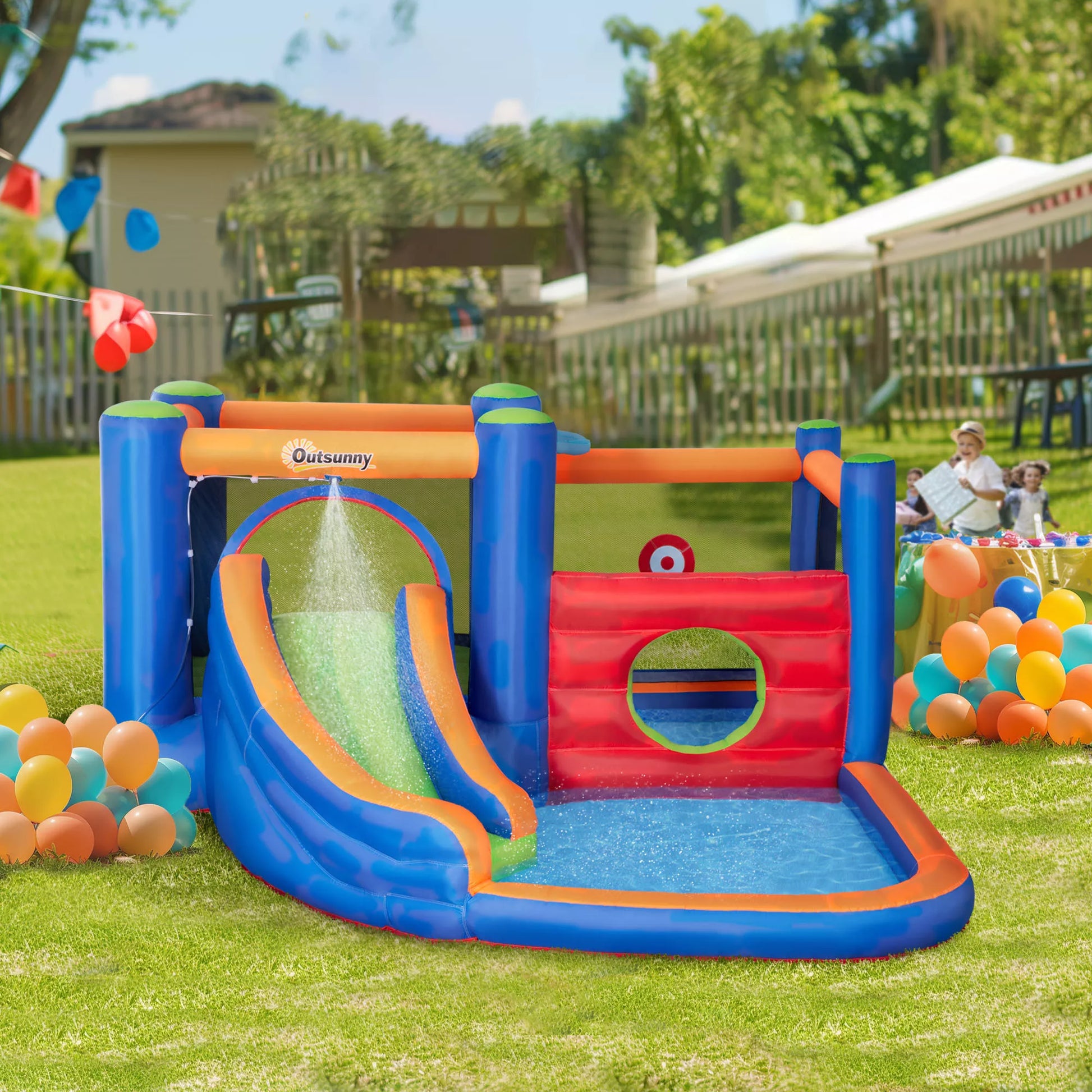 Šokinėjančioji pilis su raukiniais, šokinėjimo zona, baseinas, pripučiama, su elektrine pompa, skirta iki 3 vaikams, 380 x 340 x 170 cm