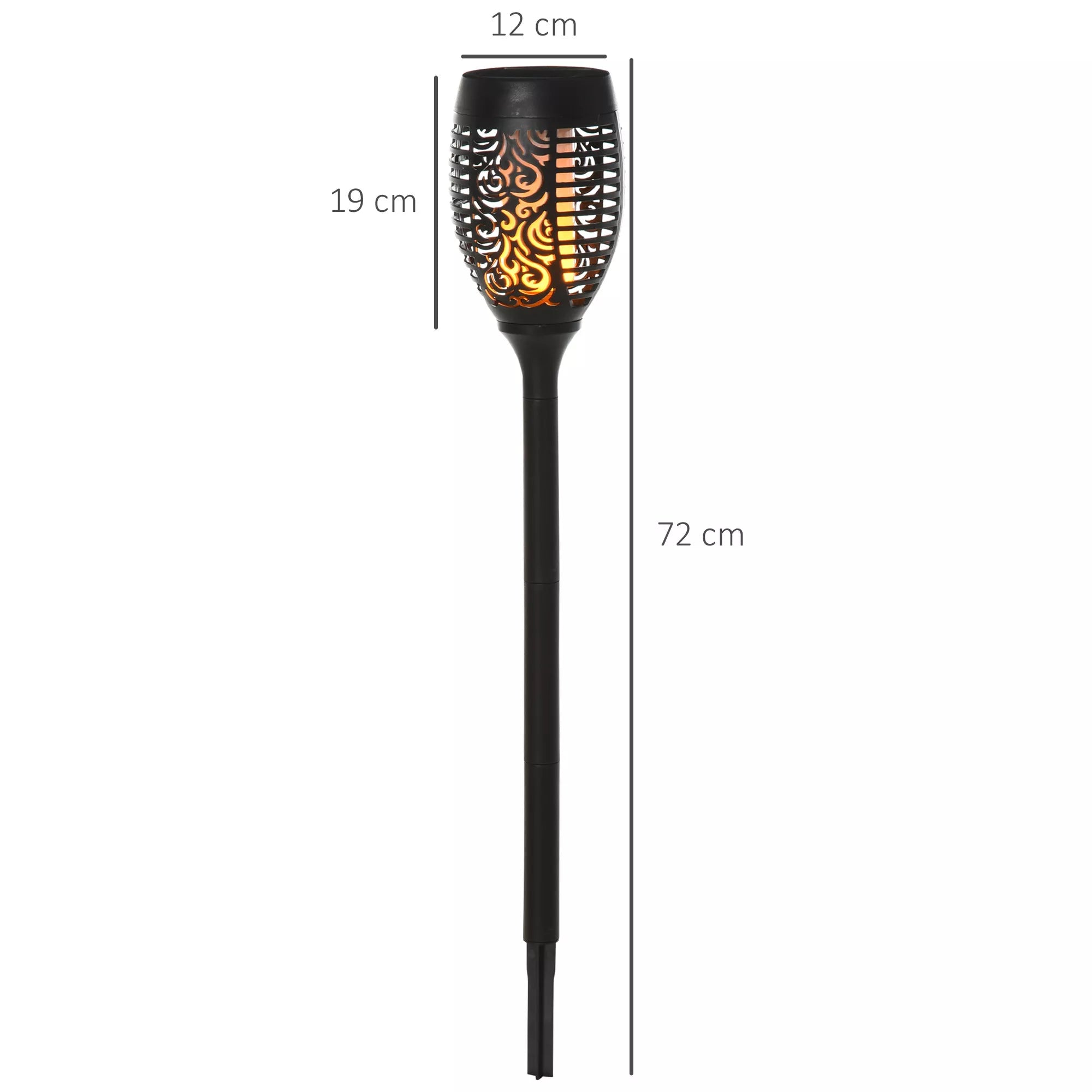 Schema su šviestuvo matmenimis: aukštis 72 cm, viršus 12 cm, korpusas 19 cm